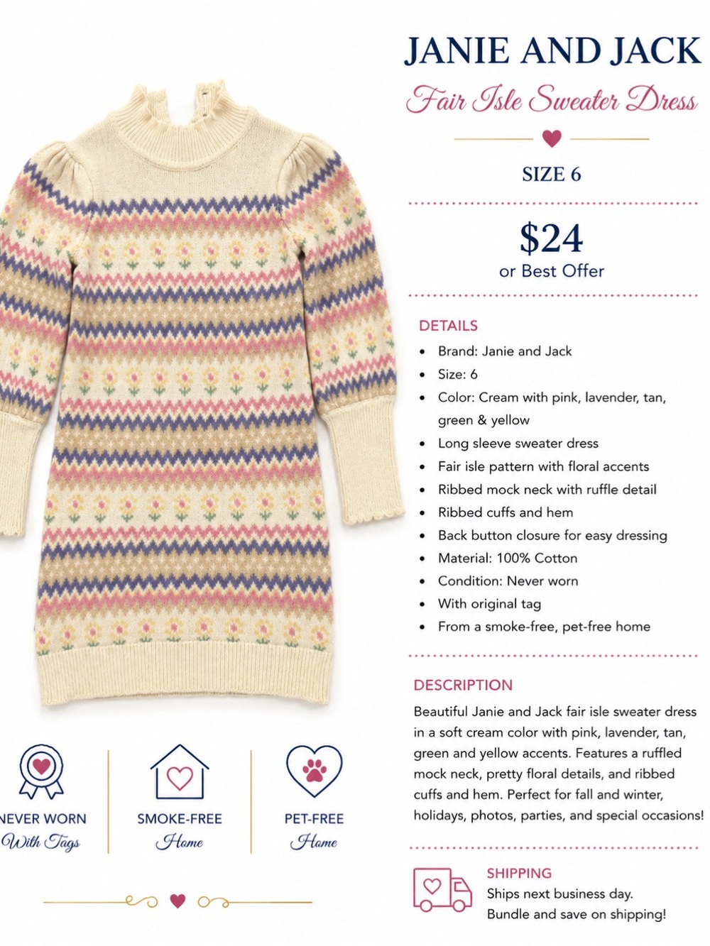 Janie and Jack Cream Fair Isle Mock-Neck Sweater Dress